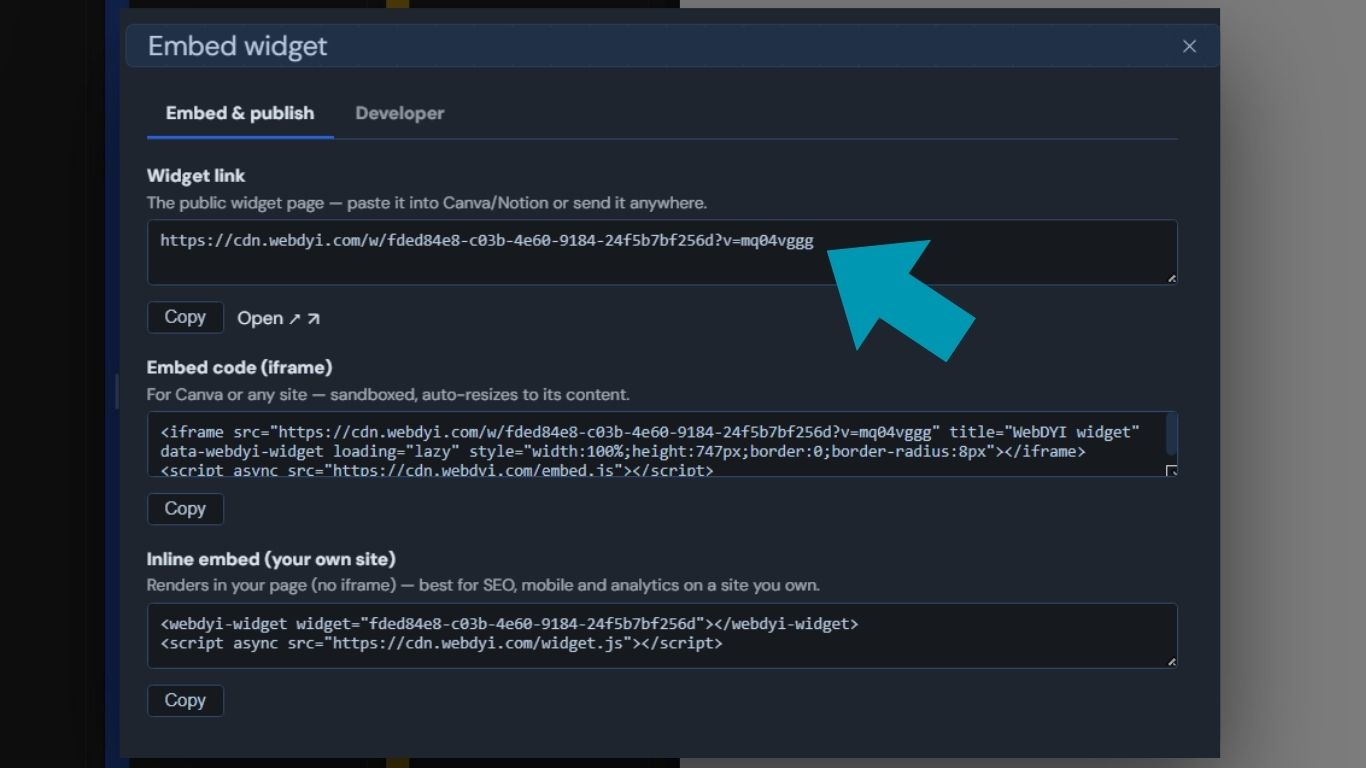 Copying a published widget link